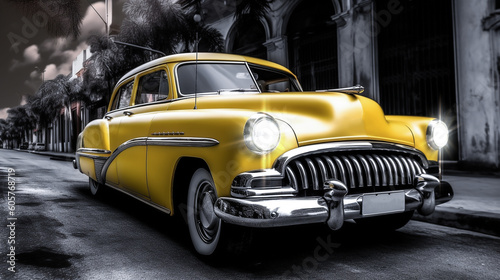 generic unbranded of old yellow car vintage, Australia on a black and white background 