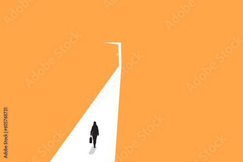 Business woman walking to door Concept of success, goal, motivation, growth, problems, hard work. Concept of ambitions, growth, opportunity, motivation