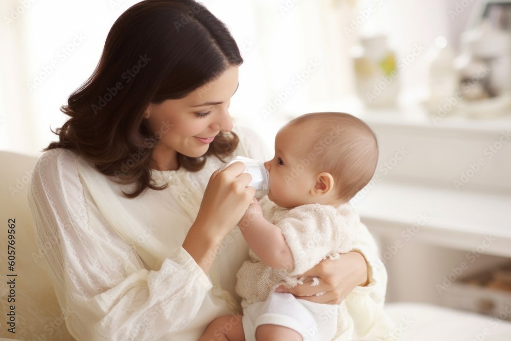 Happy mother with her baby at home. Motherhood and happy family concept. Generative AI. Happy mother with her baby at home. Motherhood and happy family concept. Generative AI.