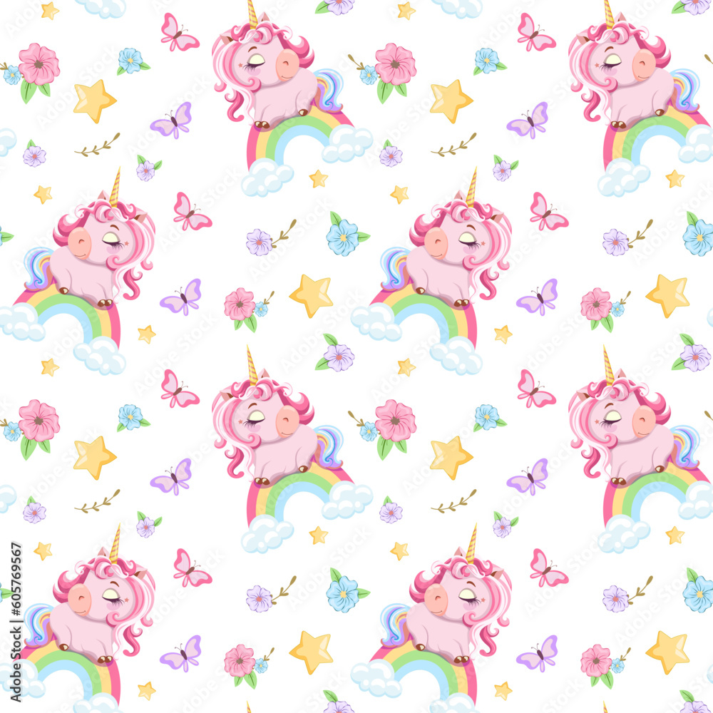 Seamless patterned background drawn cartoon cute pink unicorns sleeping  rainbow. White background with flowers and butterflies. Cute ornament. Template greeting card baby shower. Vector illustration 