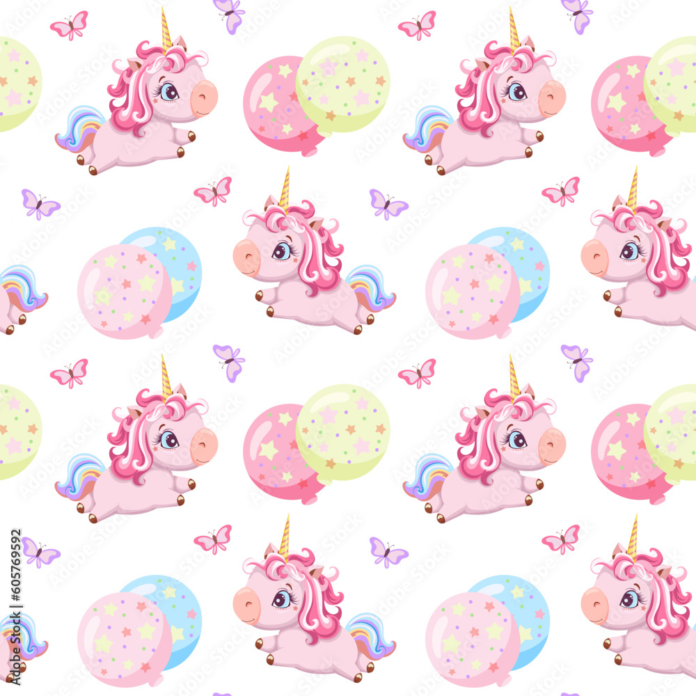 Seamless patterned background drawn cartoon cute pink unicorns, butterflies and balloons on white background. hand-drawn vector illustration. Greeting card design, print, fabric, packaging, paper.  
