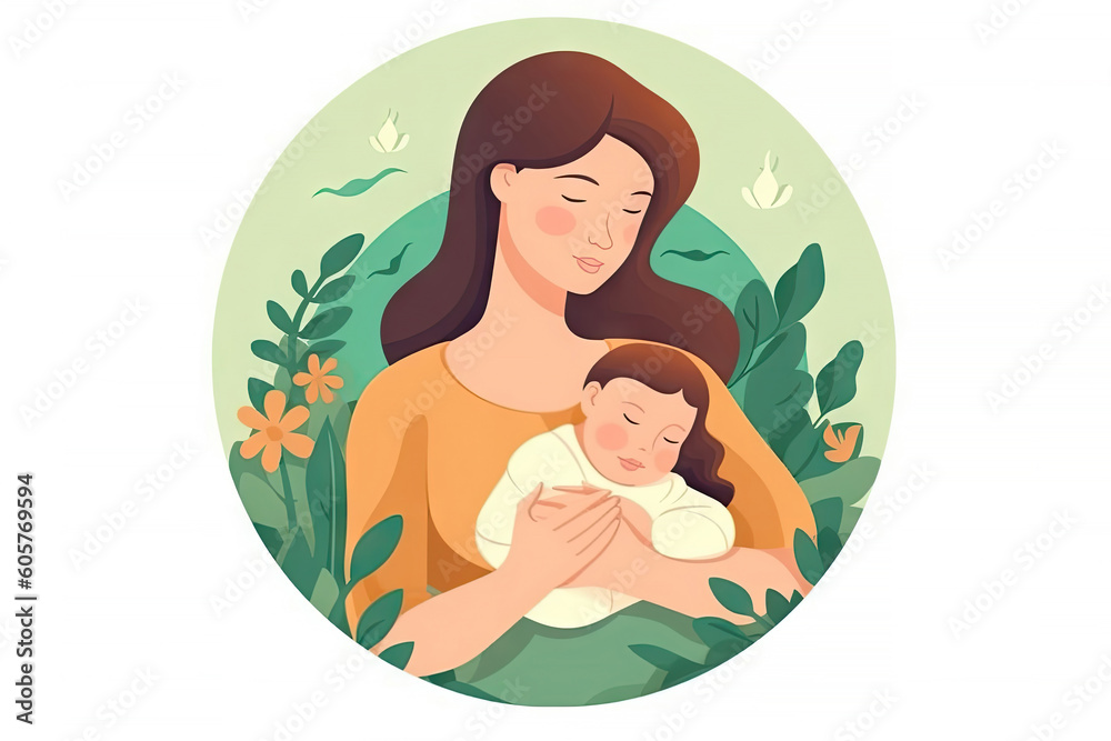 Mother holding her baby in her arms. Vector illustration in flat style. Generative AI.