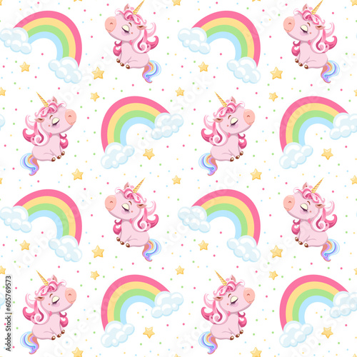 Seamless children's pattern cute pink unicorns on white background stars and rainbows. Cartoon drawing style. Design greeting card, birthday card, textile, fabric, scrapbooking, cover. Vector 