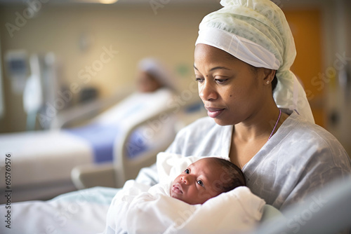 African american mother with her newborn baby in hospital ward. Generative AI.