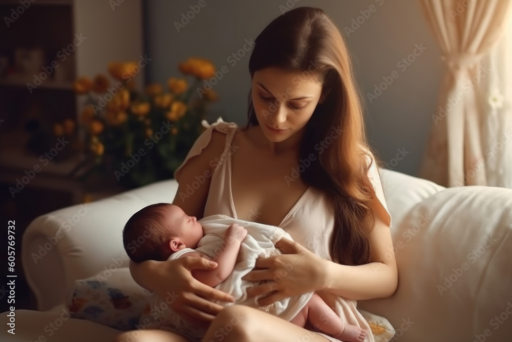 Young mother with her newborn baby at home. Happy family concept. Generative AI. Young mother with her newborn baby at home. Happy family concept. Generative AI.