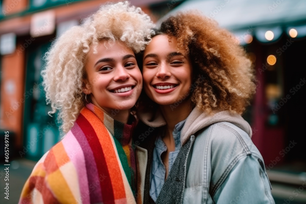Two afro girls smiling on gay pride day. generative ai Two afro girls smiling on gay pride day. generative ai