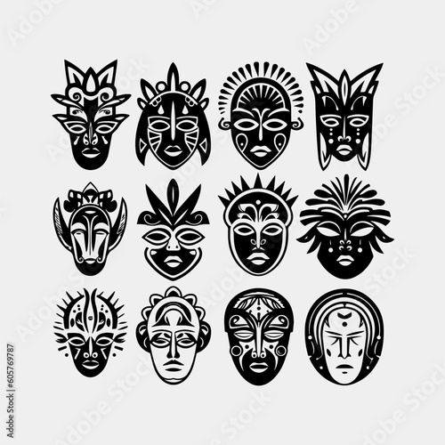 Set of african tribal masks. Collection of different indian, aztec mask on white background