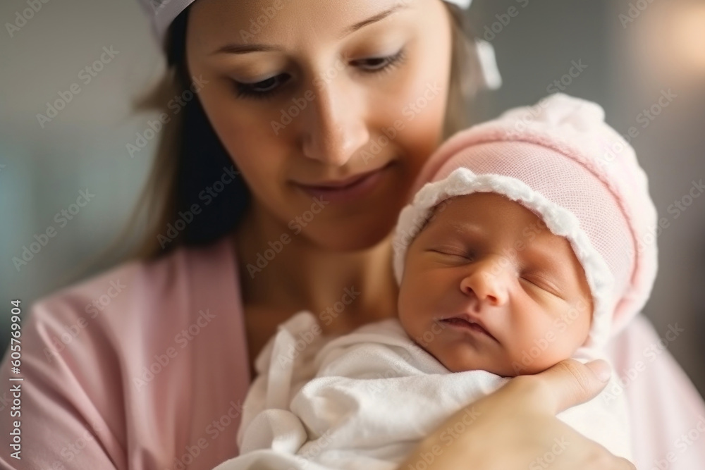Close up portrait of mother holding newborn baby in her arms at home. Generative AI. Close up portrait of mother holding newborn baby in her arms at home. Generative AI.