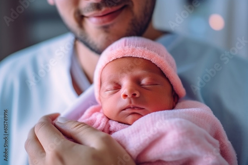 Close-up portrait of a newborn baby in the arms of father. Generative AI.