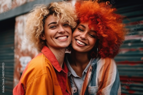 Two girls smiling on gay pride day. generative ai