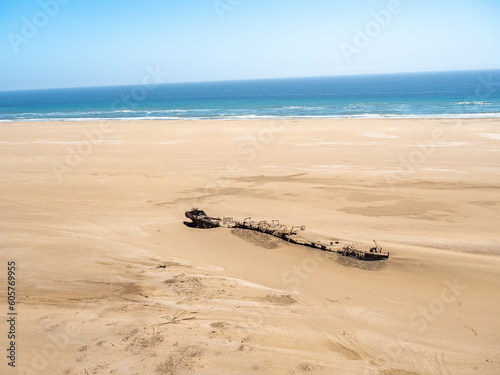 Aerial view of shipwrecks off the Skeleton Coast of Namibia.
