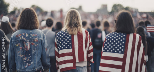 Women dressed in American flag clothes stand with their backs Generative AI