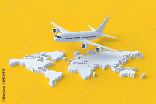 Plane near world map. Vacation concept. International travel. Summer holiday. 3d render