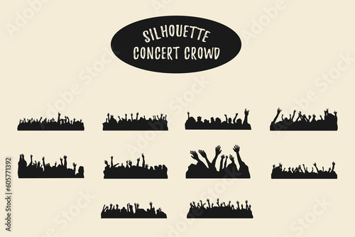 Silhouette of concert crowd, Cheerful crowd of people cheering applause, Cheerful crowd silhouette, Vector Silhouette of a party crowd, Disco concert