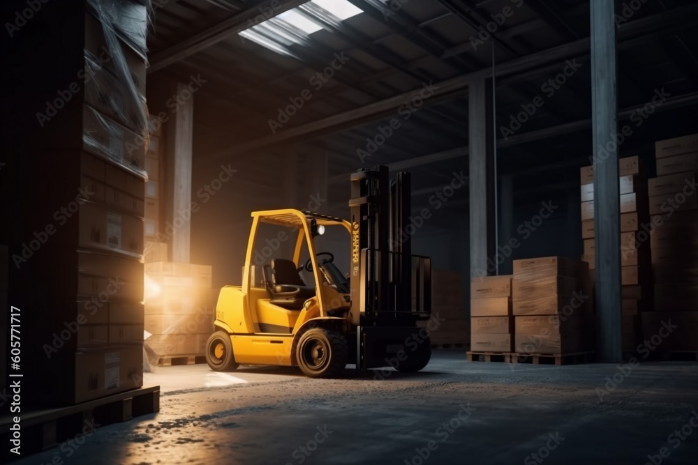 distribution warehouse delivery cargo storage logistic forklift sun transportation box. Generative AI.