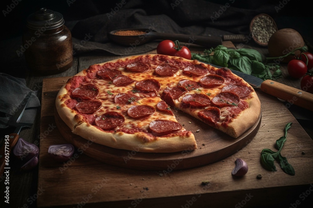 A classic pepperoni pizza sitting on a tabletop. Generative AI