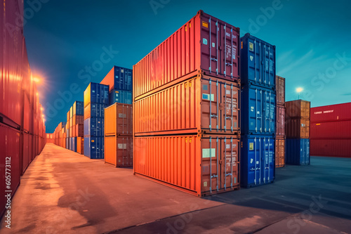 massive container ships lined up at an industrial port, their decks filled with neatly arranged cargo containers, representing the interconnectedness of global commerce. generative AI.