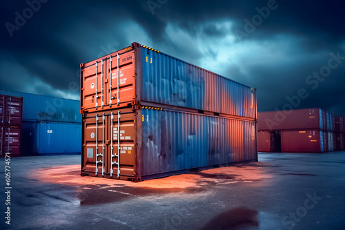a solitary container bathed in the glow of spotlight, raindrops adding atmospheric touch, showcasing intersection of advanced logistics and elements at nighttime. generative AI.