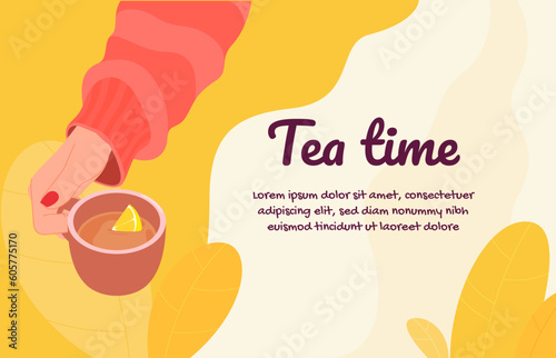 Banner Tea time. Hands hold cups with hot tea and coffee. Warming delicious drinks in men and women hands. Vector illustration