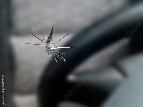 close up of a stone chip in the windshield of a car, detail shot of cracks in car glass on the drivers side