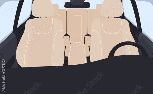 Interior of the car from the middle. Modern comfortable car interior with dashboard and driver seats. Vector illustration