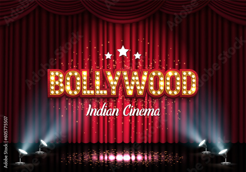 Bollywood indian cinema. Movie banner or poster on red curtain background illuminated by spotlights. Vector illustration.