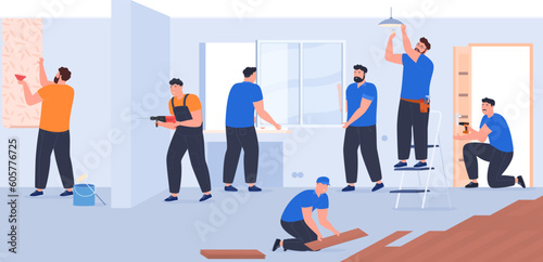 Professional craftsmen carry out repairs in an apartment, a house. Construction and repair of residential premises. Vector illustration