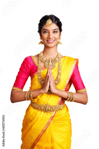Beautiful Indian bride greeting in studio shot.