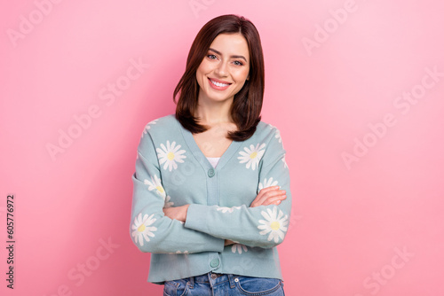 Photo of nice business lady hold arms folded good mood office worker wear cardigan jeans isolated pink color background