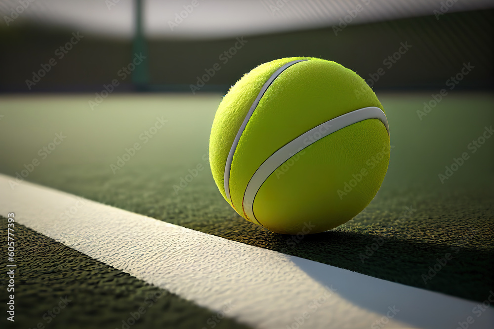 Tennis ball on empty court floor close up outdoor sport field for practice and train 3d render. Generative Ai