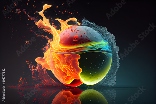 Tennis ball in fire and water. Generative Ai