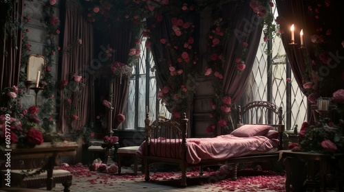 Gothic room with colorfull rose, ai generated