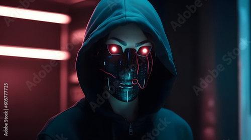 An anonymous cyborg hacker. Futuristic, cyberpunk style, concept of hacking cybersecurity, cybercrime, cyberattack, Generative Ai