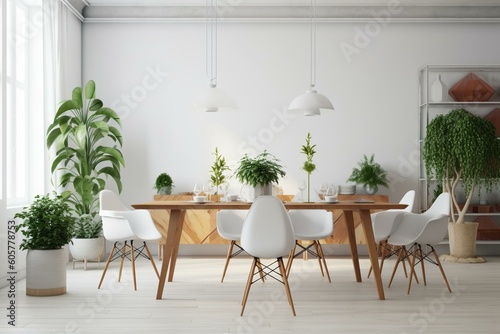 Modern white interior design with wooden furniture and stylish decor including plants, contemporary chairs, and an elegant dining table against a background wall. Generative AI