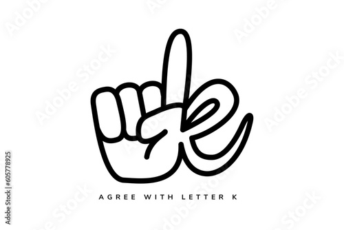 agree with letter k logo design template. doodle line style object. black ad white color. the concept is a combination of the hand that is clenched and the index finger out facing up with the letter k