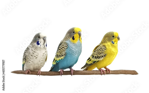 budgerigars, budgies, australian parakeets sitting on a branch, isolated on transparent background, generative ai photo