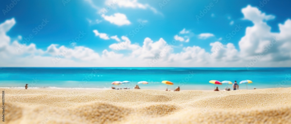 Abstract blur defocused background. Tropical summer beach with golden sand, turquoise ocean and blue sky with white clouds on bright sunny day. Colorful landscape for summer holidays Abstract blur defocused background. Tropical summer beach with golden sand, turquoise ocean and blue sky with white clouds on bright sunny day. Colorful landscape for summer holidays