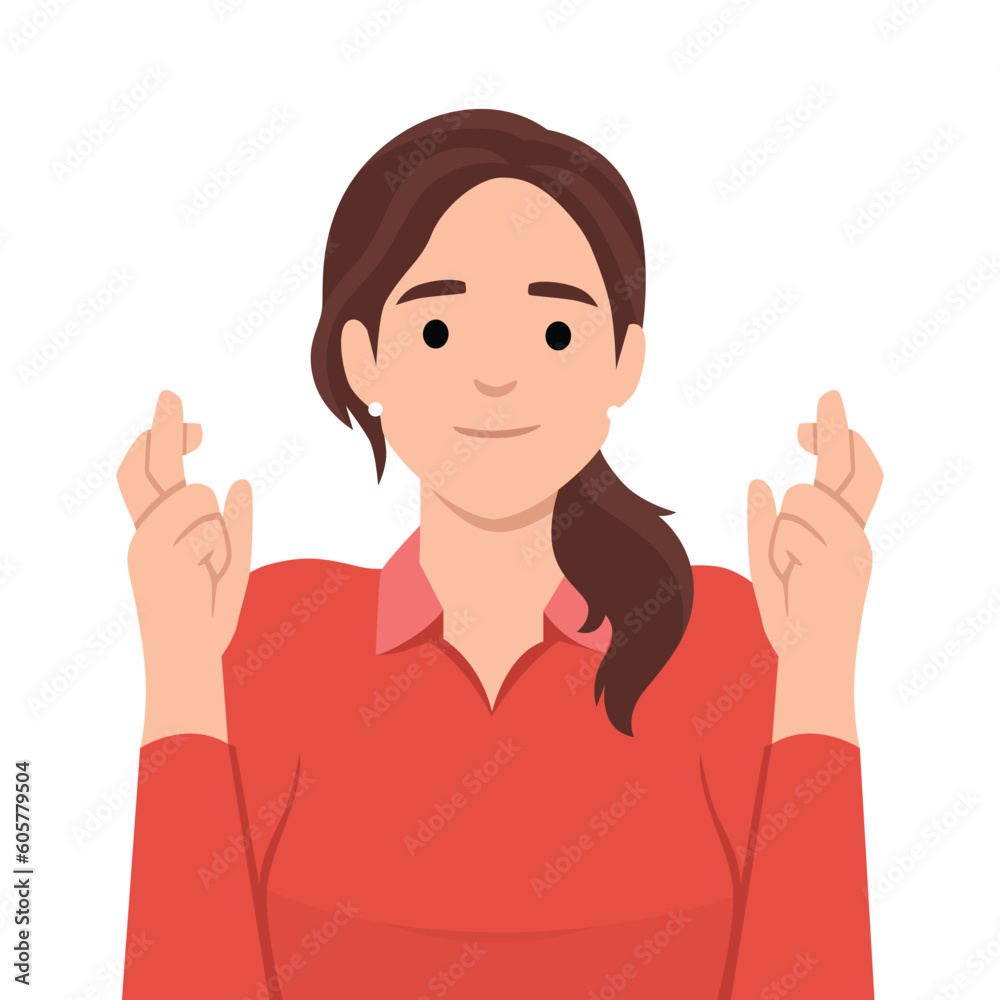 Feeling hope with crossed fingers concept. Young positive woman cartoon character standing with eyes closed holding fingers crossed. Flat vector illustration isolated on white background Feeling hope with crossed fingers concept. Young positive woman cartoon character standing with eyes closed holding fingers crossed. Flat vector illustration isolated on white background