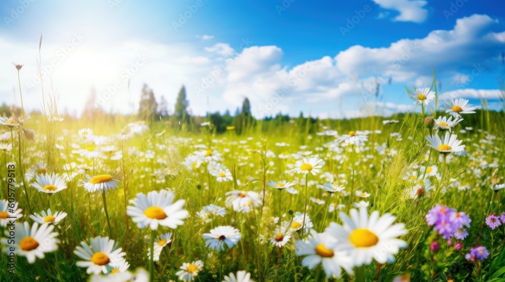 A beautiful, sun drenched spring summer meadow. Natural colorful panoramic landscape with many wild flowers of daisies against blue sky. A frame with soft selective focus