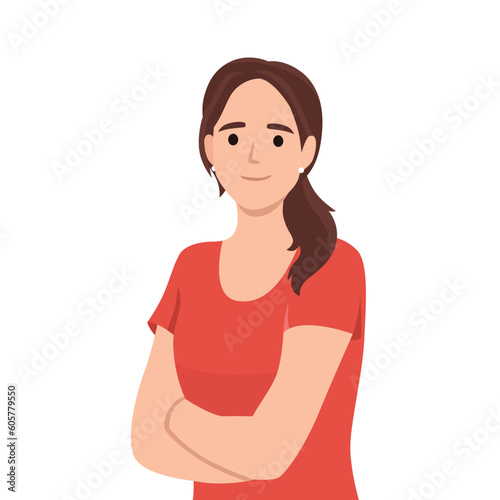 Confident and beautiful young woman in smart casual wear keeping arms crossed and smiling. Portrait of a young smiling woman. Woman folded hands. Flat vector illustration isolated on white background