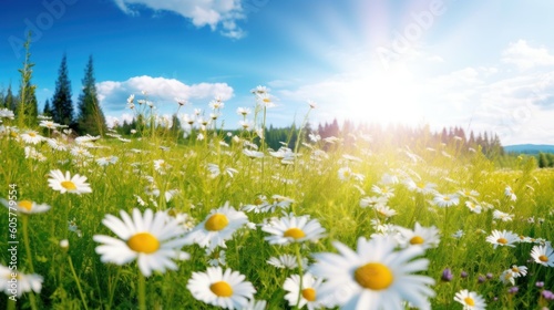 A beautiful, sun drenched spring summer meadow. Natural colorful panoramic landscape with many wild flowers of daisies against blue sky. A frame with soft selective focus