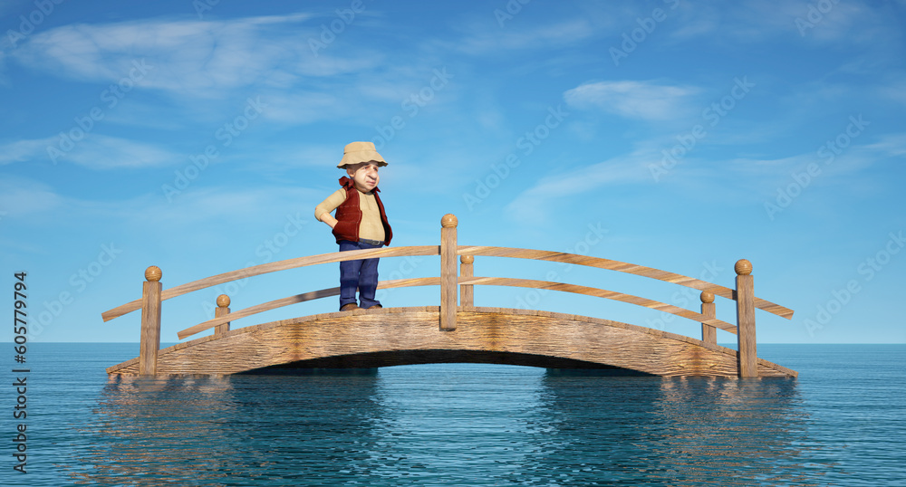 Naklejka premium Man on a bridge in the middle of the water.