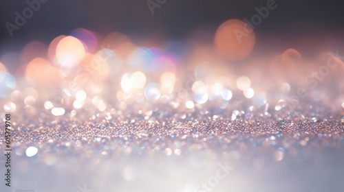 Beautiful festive background image with sparkles and bokeh in pastel pearl and silver colors. Selective focus  shallow depth of field.