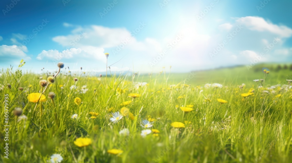 Beautiful meadow field with fresh grass and yellow dandelion flowers in nature against a blurry blue sky with clouds. Summer spring natural landscape