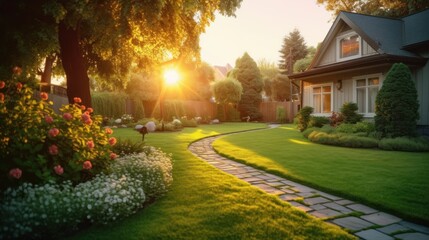 Keuken achterwand Bruin Beautiful manicured lawn and flowerbed with deciduous shrubs on private plot and track to house against backlit bright warm sunset evening light on background. Soft focusing in foreground  © Eli Berr