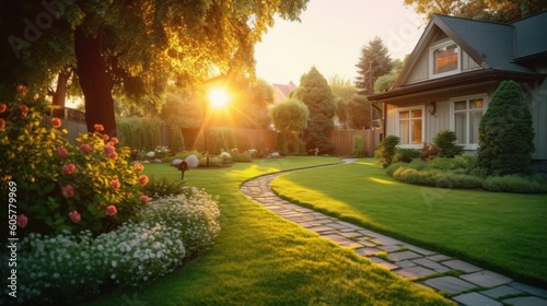 Leinwand Poster Beautiful manicured lawn and flowerbed with deciduous shrubs on private plot and track to house against backlit bright warm sunset evening light on background