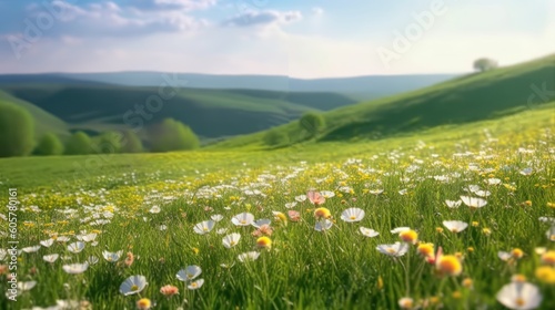 Beautiful natural spring summer landscape of a flowering meadow in a hilly area on a bright sunny day. Many flowers in a field in green grass. Small zone of sharpness photo
