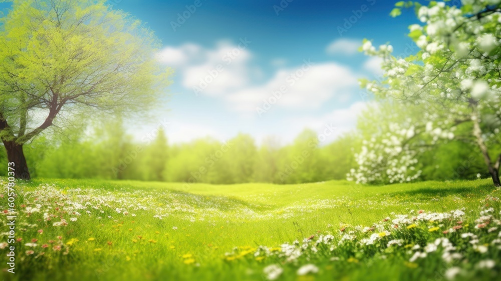 Obraz premium Beautiful blurred spring background nature with blooming glade, trees and blue sky on a sunny day