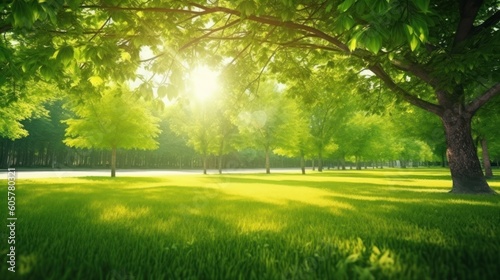 Beautiful spring background. View of natural park with a green lawn through young juicy foliage of trees in rays of soft sunlight