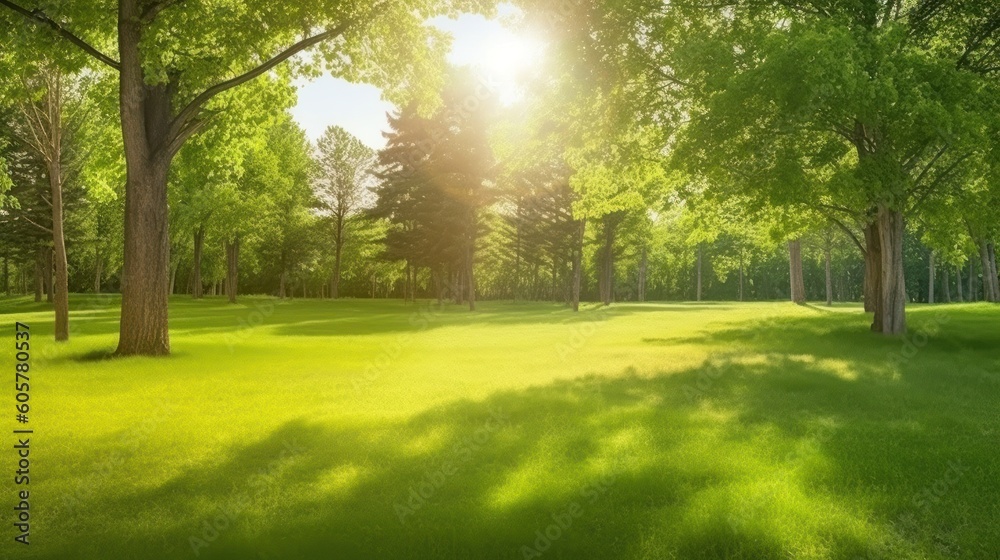 Beautiful warm summer widescreen natural landscape of park with a glade of fresh grass lit by sun